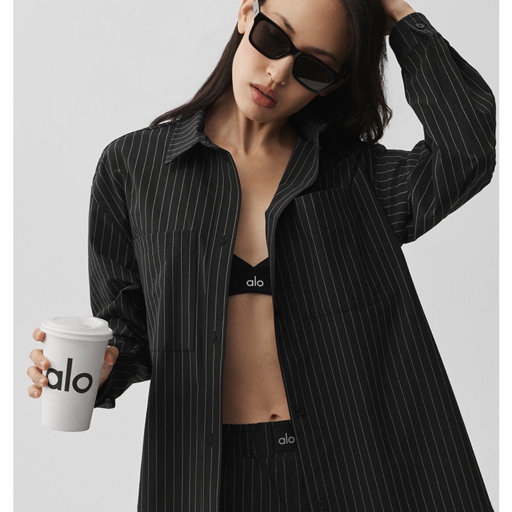 Alo Pinstripe Daylight Button Down Long Sleeve - Black Titanium
